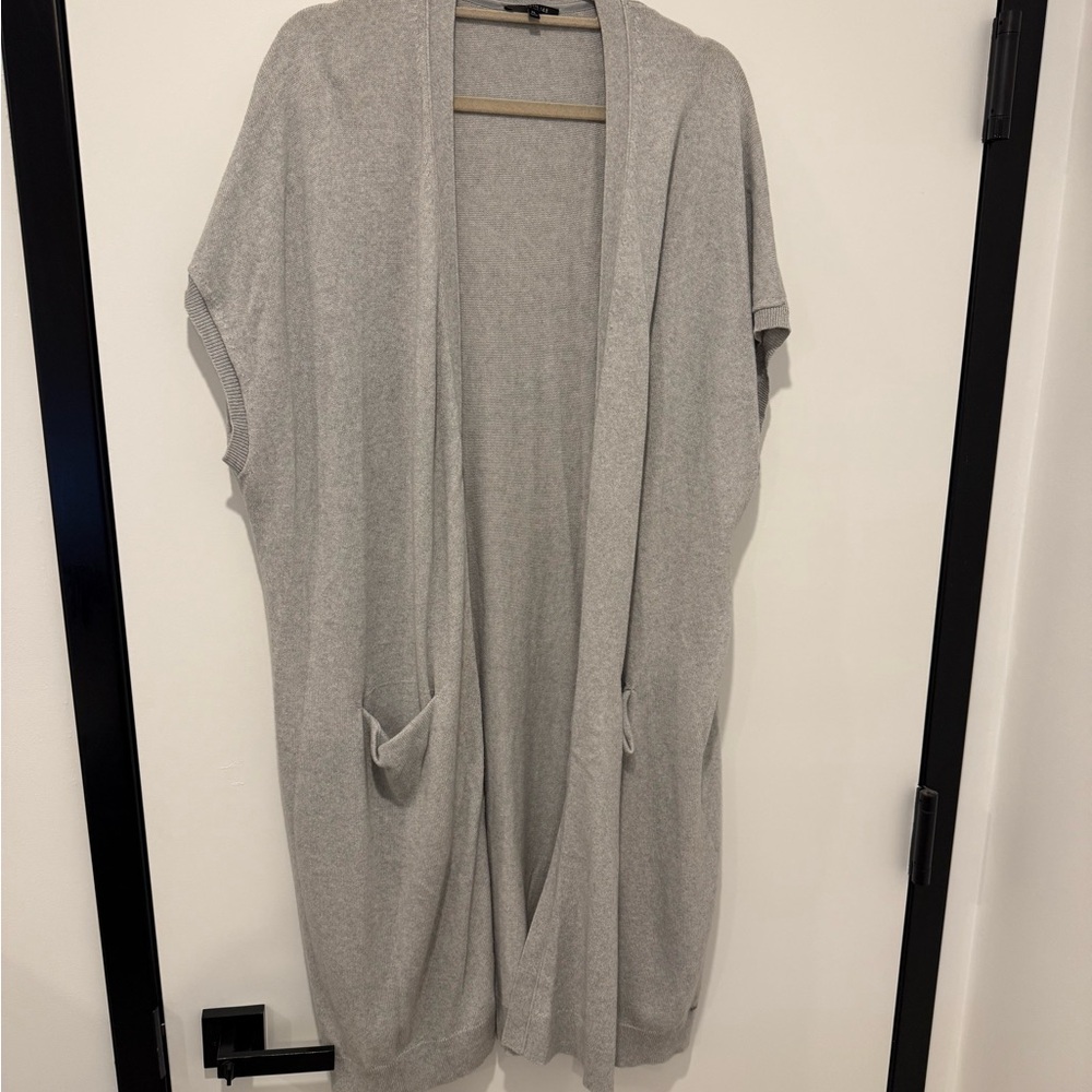 Lafayette 148 New York Light Gray Open-Front Short-Sleeve Cardigan with Pockets